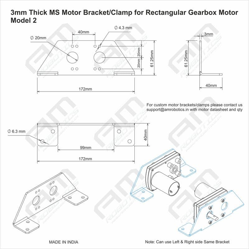 3mm Thick MS Motor Mounting Bracket/Clamp for Rectangular Gearbox Motors - Model 2 (Matt Black) - View 2